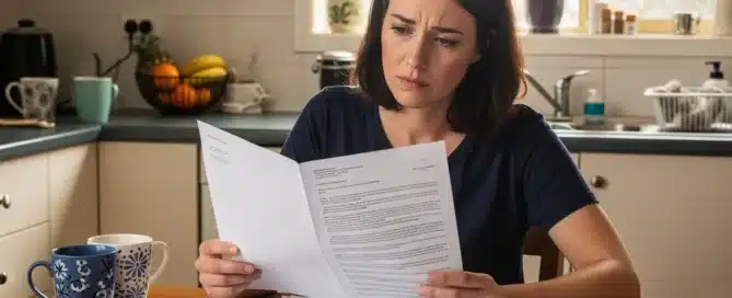 A concerned woman reviewing a document at a table covered in paperwork and medication packets.