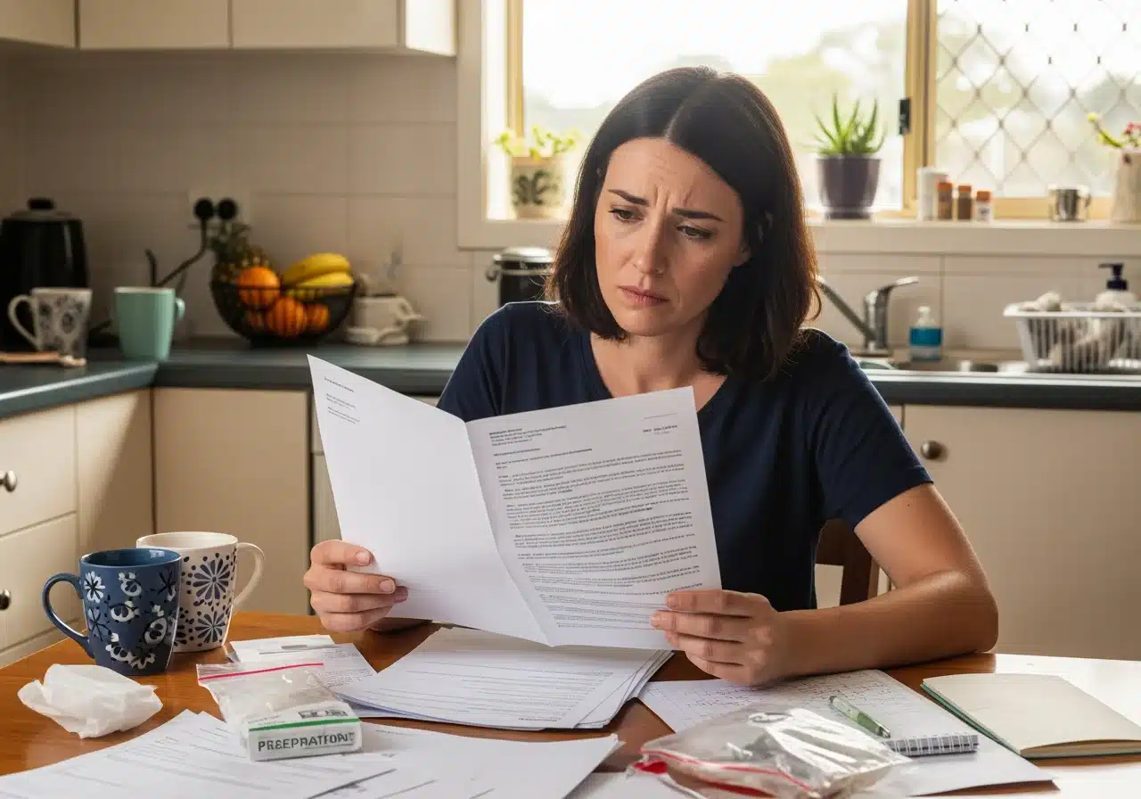 A concerned woman reviewing a document at a table covered in paperwork and medication packets.