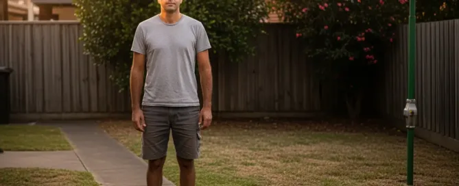 A man standing barefoot in a suburban backyard near a rotary clothesline at sunset.