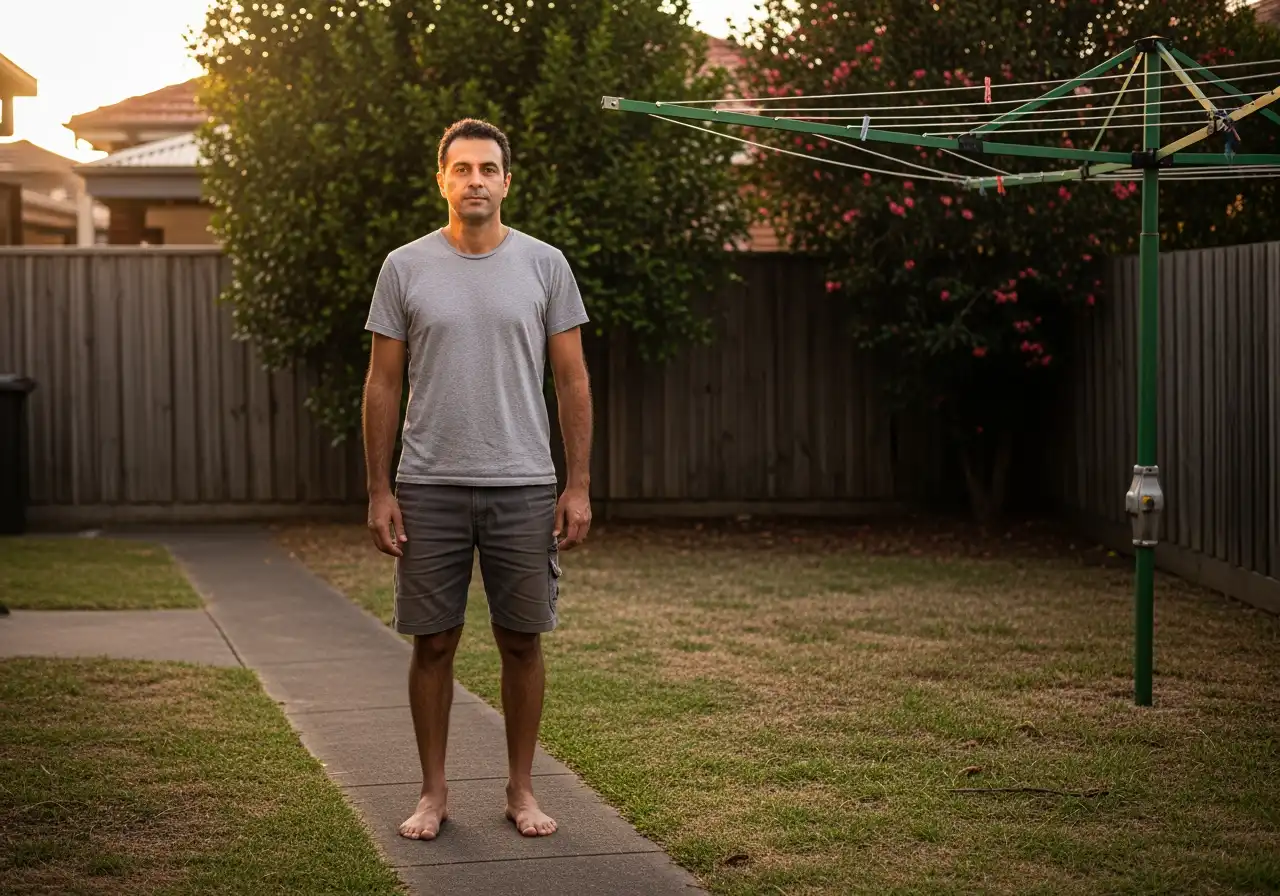 A man standing barefoot in a suburban backyard near a rotary clothesline at sunset.