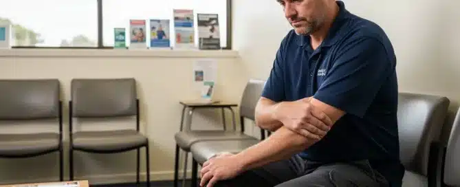 A man sitting in a waiting room looking down and holding his forearm in discomfort.