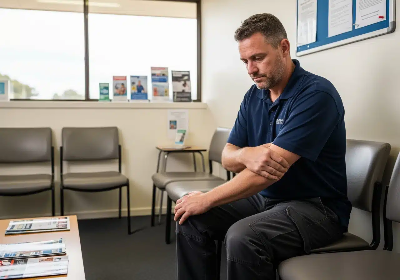 A man sitting in a waiting room looking down and holding his forearm in discomfort.
