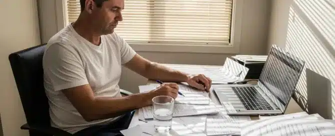 A man sits at a sunlit desk, writing on paperwork scattered around his open laptop.