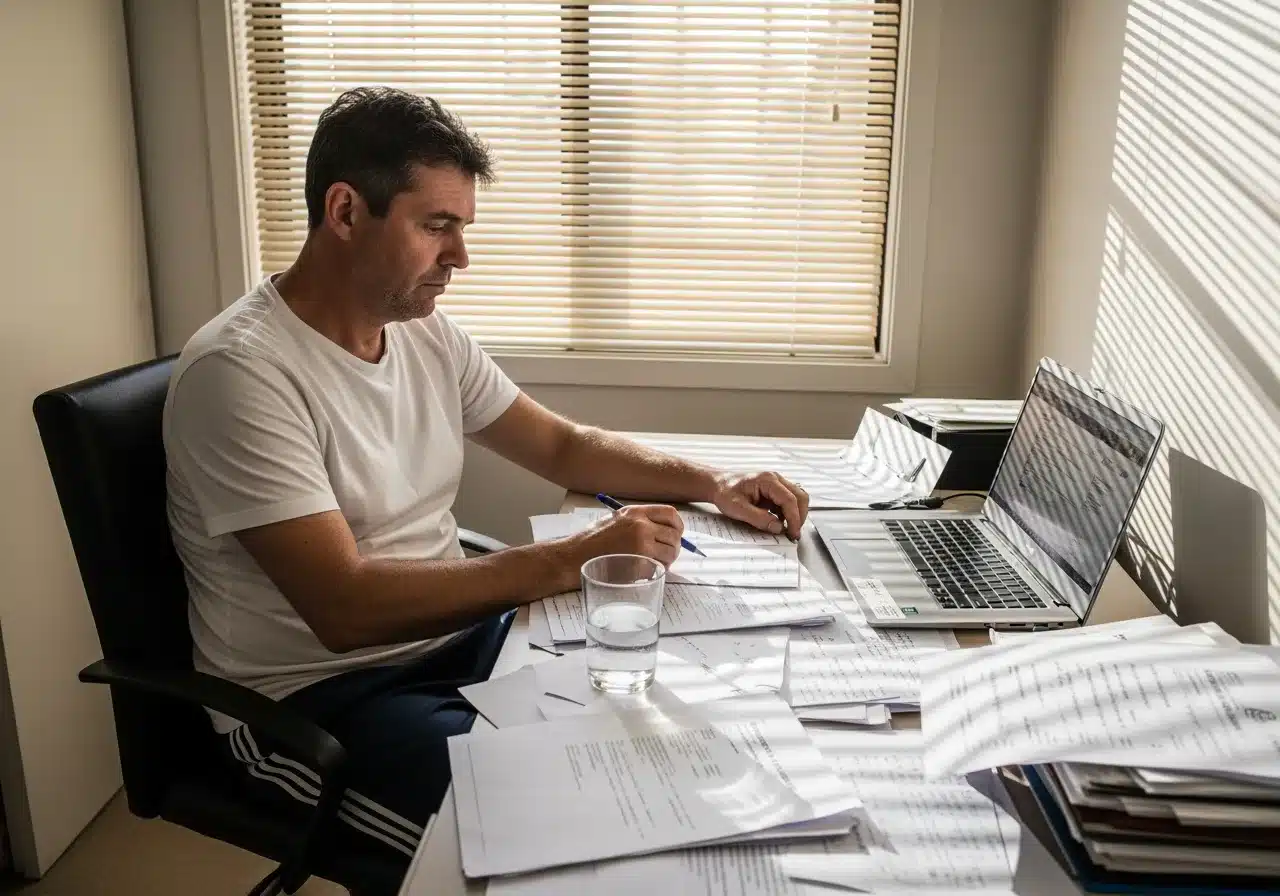 A man sits at a sunlit desk, writing on paperwork scattered around his open laptop.