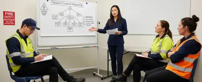 A woman stands by a whiteboard explaining a "Hazard Control Hierarchy" diagram to three seated workers, two of whom wear high-visibility vests.