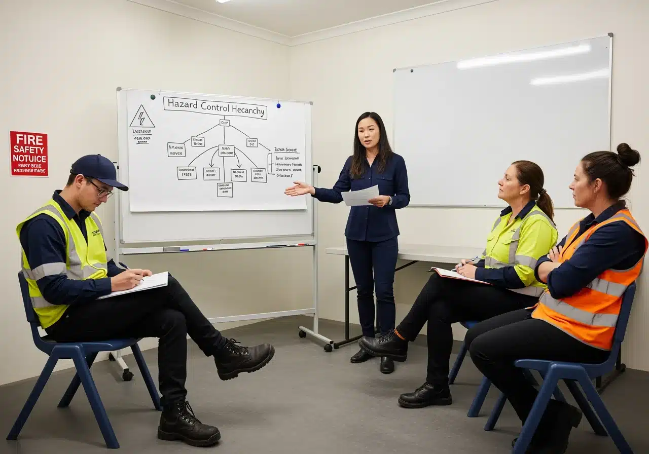 A woman stands by a whiteboard explaining a "Hazard Control Hierarchy" diagram to three seated workers, two of whom wear high-visibility vests.