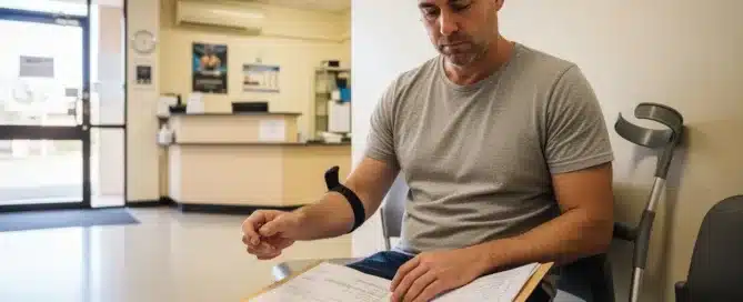 A man sits in a clinic waiting room reviewing a thick folder of documents, with a pair of crutches leaning against the chair next to him.