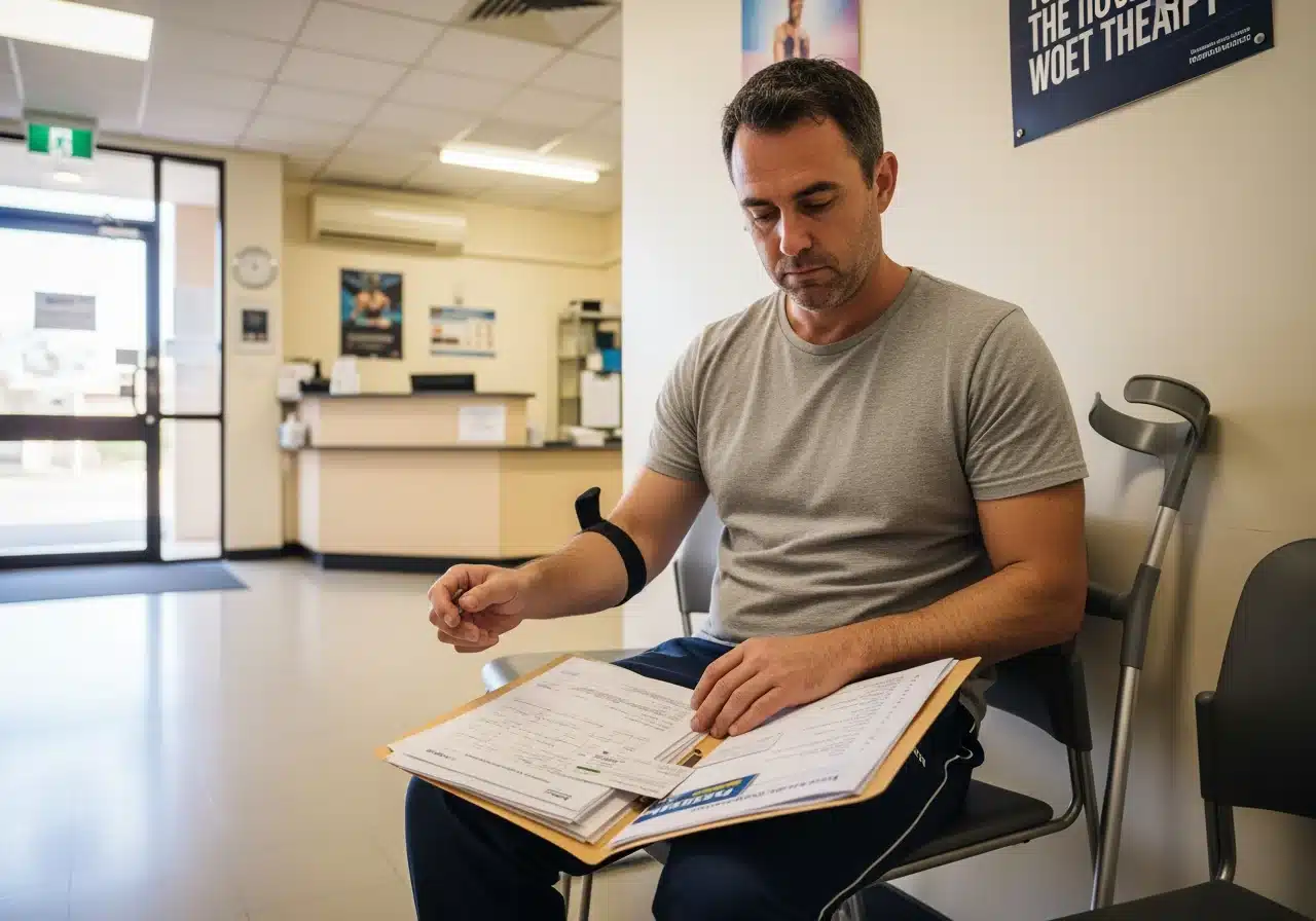 A man sits in a clinic waiting room reviewing a thick folder of documents, with a pair of crutches leaning against the chair next to him.