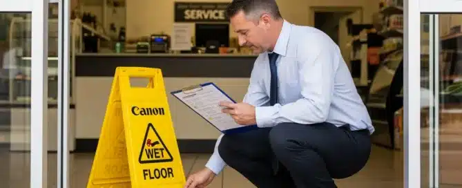 A man wearing a shirt and tie kneels to properly position a yellow "WET FLOOR" sign near a puddle at a store entrance.