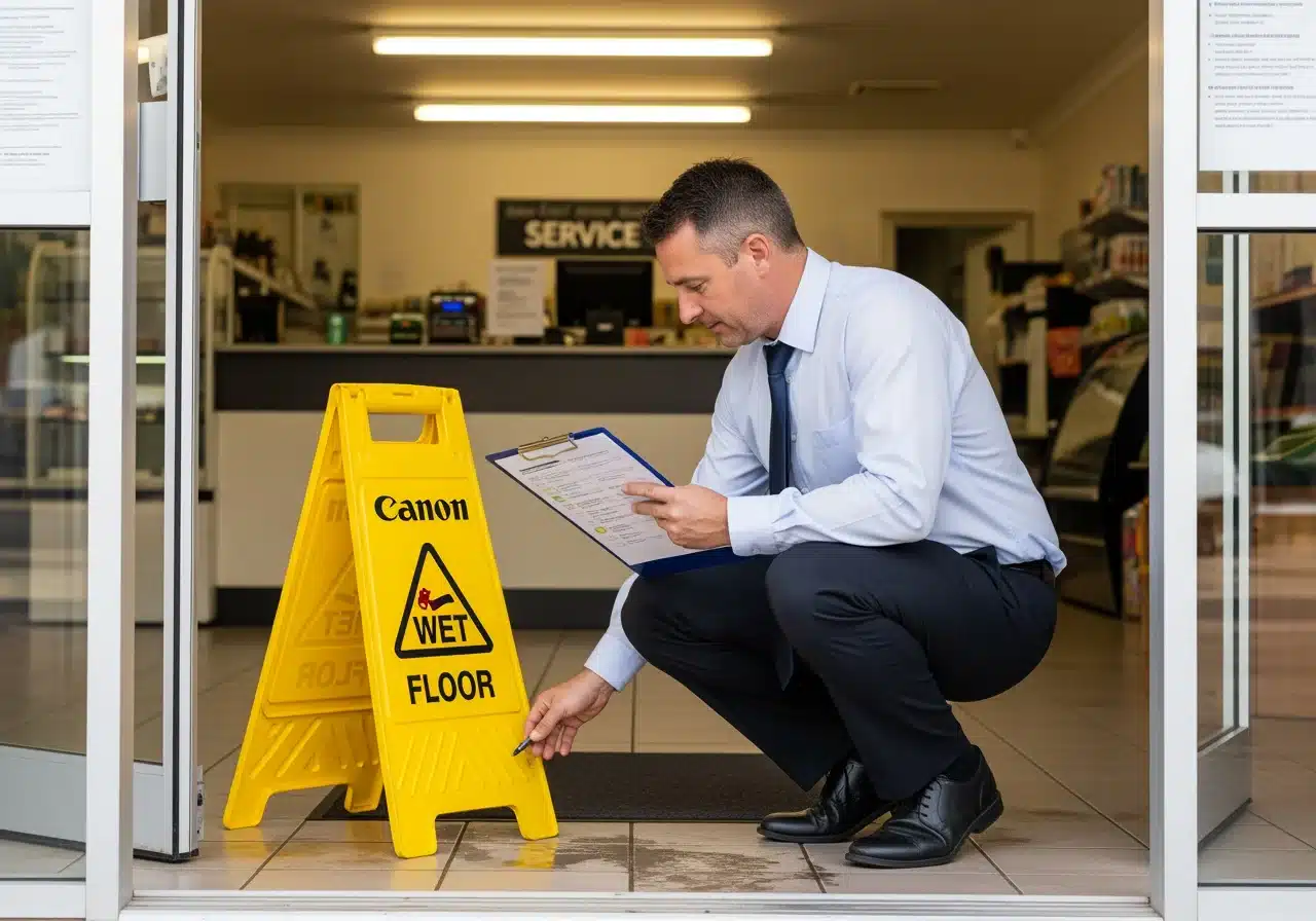 A man wearing a shirt and tie kneels to properly position a yellow "WET FLOOR" sign near a puddle at a store entrance.