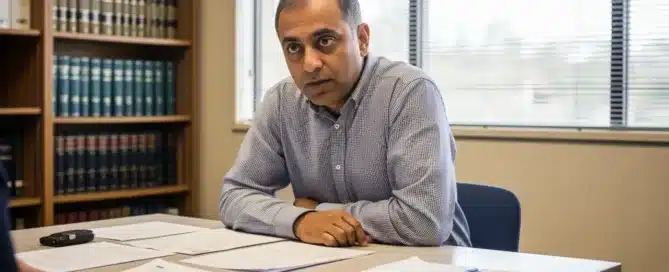 A man in a checkered shirt sits at a desk covered in legal documents, looking intently at someone off-camera during a serious meeting