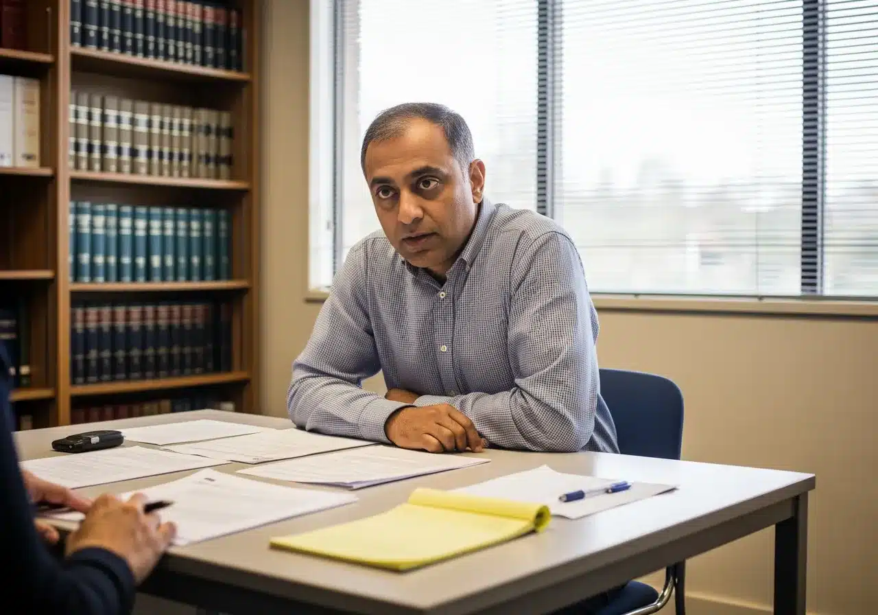 A man in a checkered shirt sits at a desk covered in legal documents, looking intently at someone off-camera during a serious meeting