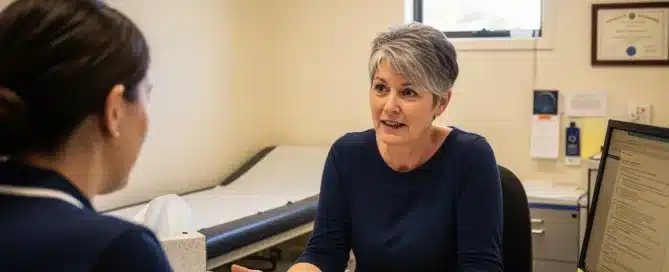 A mature woman gestures with both hands while explaining something to a medical professional across a desk in an exam room.