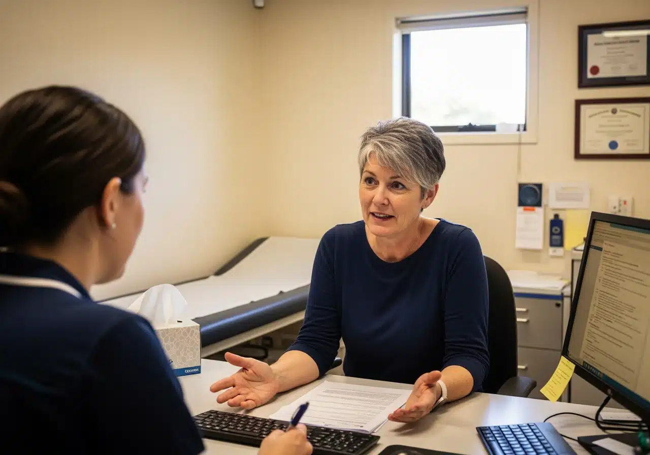 A mature woman gestures with both hands while explaining something to a medical professional across a desk in an exam room.