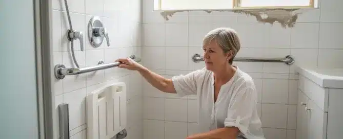 A woman kneels in a tiled bathroom, holding onto a metal safety grab bar installed next to a fold-down shower seat.