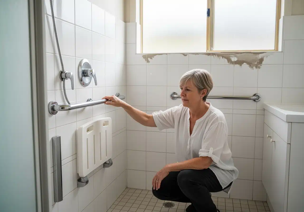 A woman kneels in a tiled bathroom, holding onto a metal safety grab bar installed next to a fold-down shower seat.