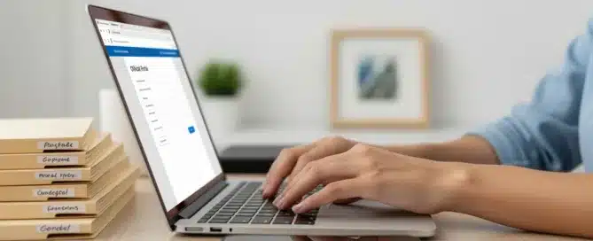 Close-up of a person typing on a laptop displaying an online form, next to a stack of labeled file folders.