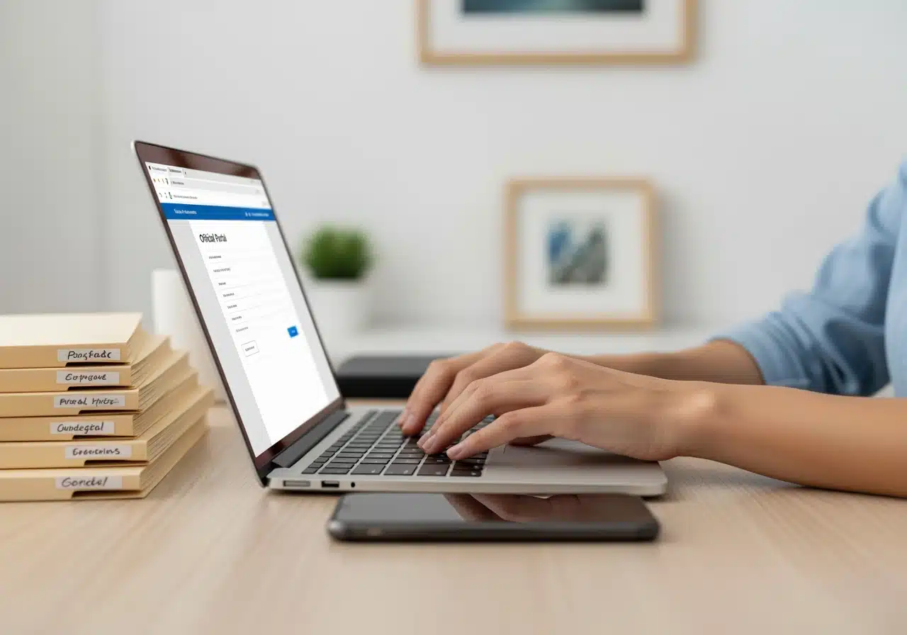 Close-up of a person typing on a laptop displaying an online form, next to a stack of labeled file folders.