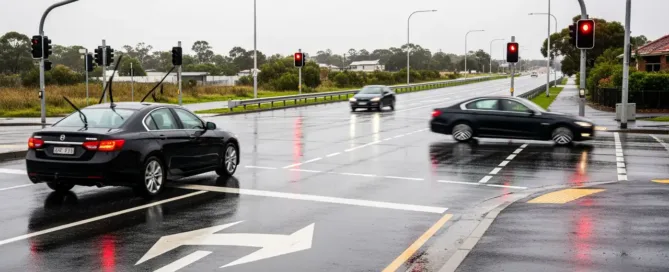 A black car driving through a wet intersection on a rainy day with traffic lights visible.