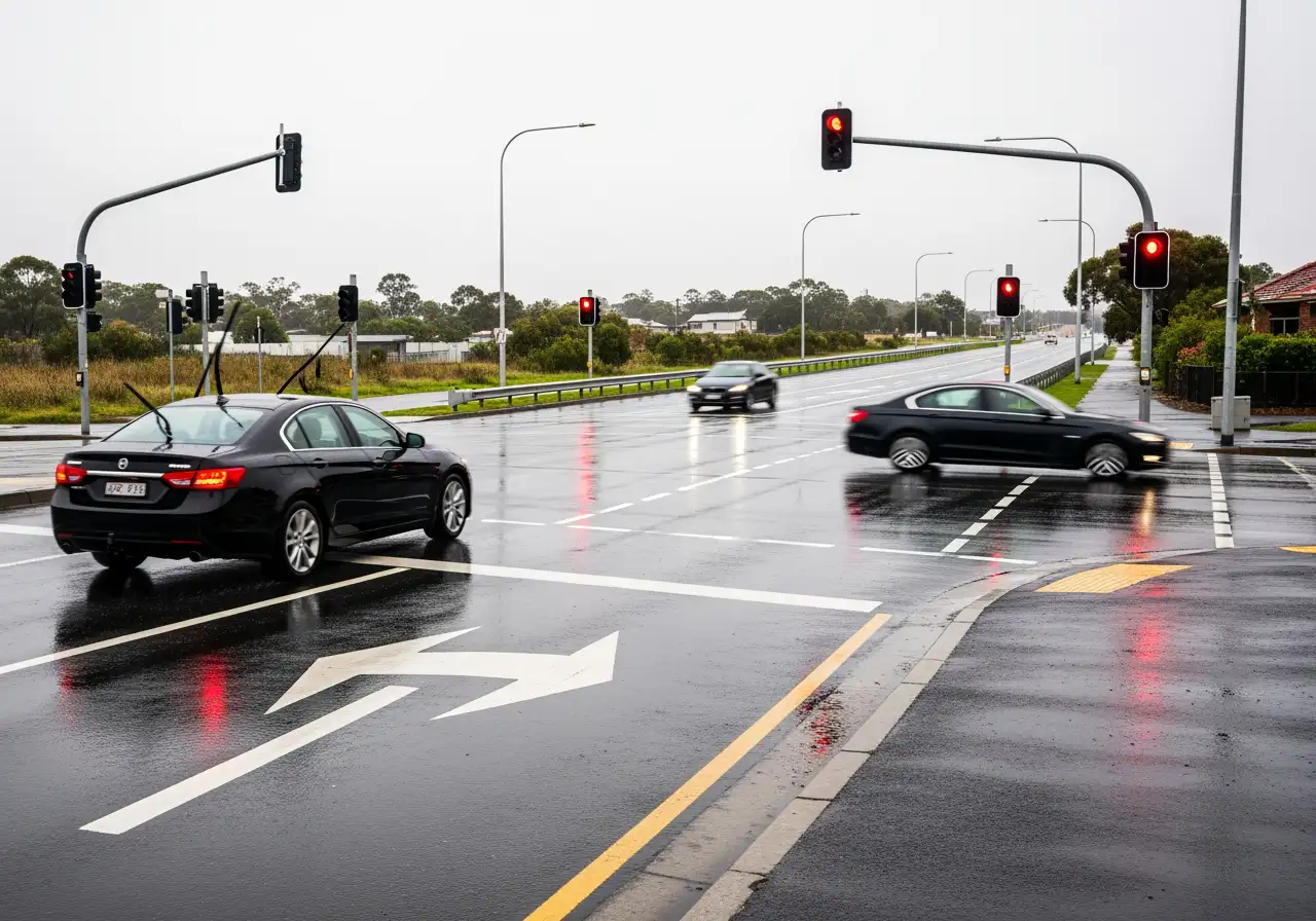 A black car driving through a wet intersection on a rainy day with traffic lights visible.