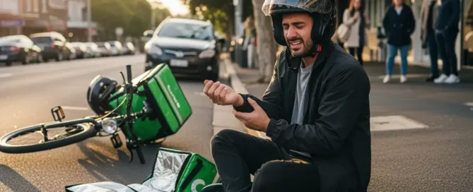 A distressed food delivery rider sitting on a curb holding his injured wrist, with his fallen bicycle and green delivery bag nearby.