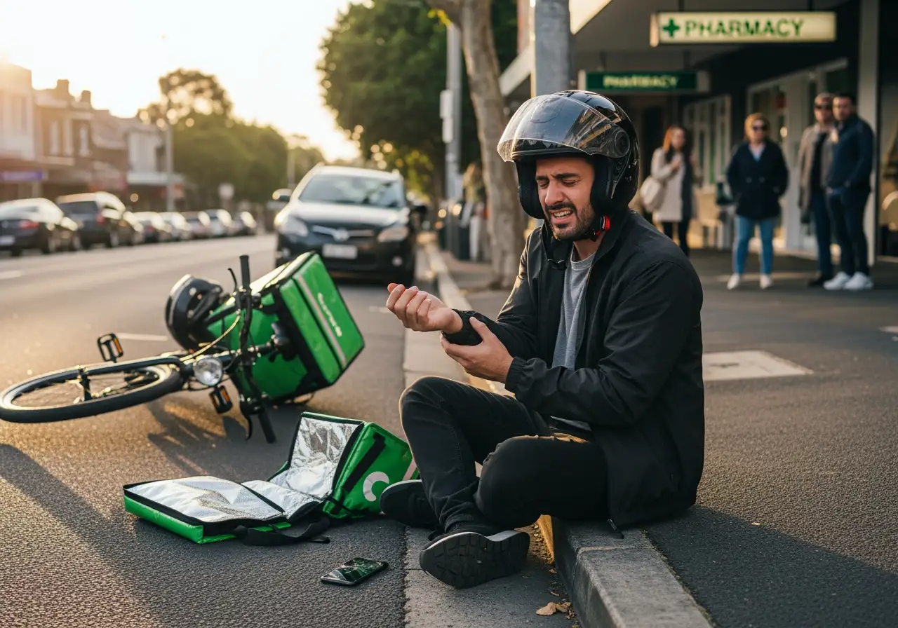 A distressed food delivery rider sitting on a curb holding his injured wrist, with his fallen bicycle and green delivery bag nearby.