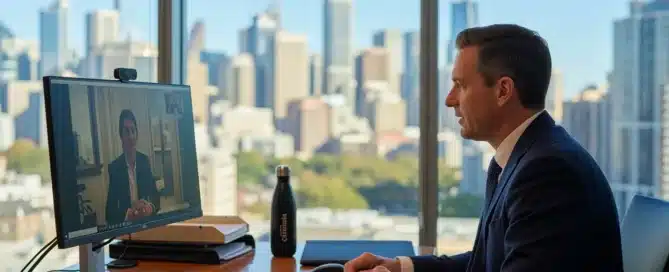 A businessman in a suit having a video conference call at his desk, with a bright city skyline visible through the window.