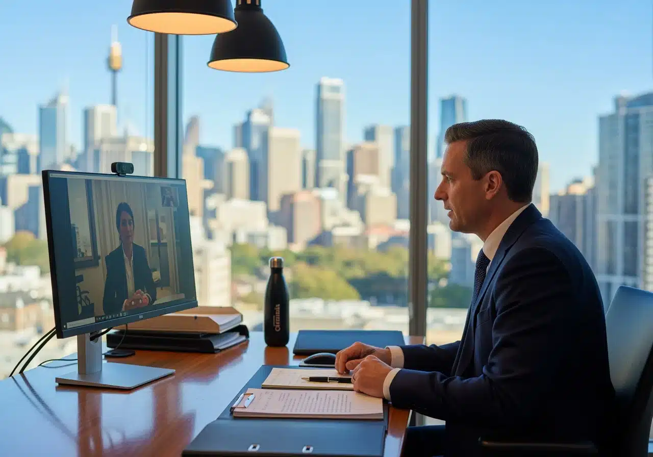 A businessman in a suit having a video conference call at his desk, with a bright city skyline visible through the window.