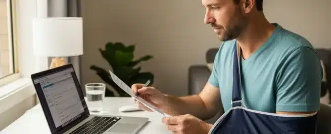 A man wearing an arm sling sitting at a desk at home, reviewing documents while working on a laptop.