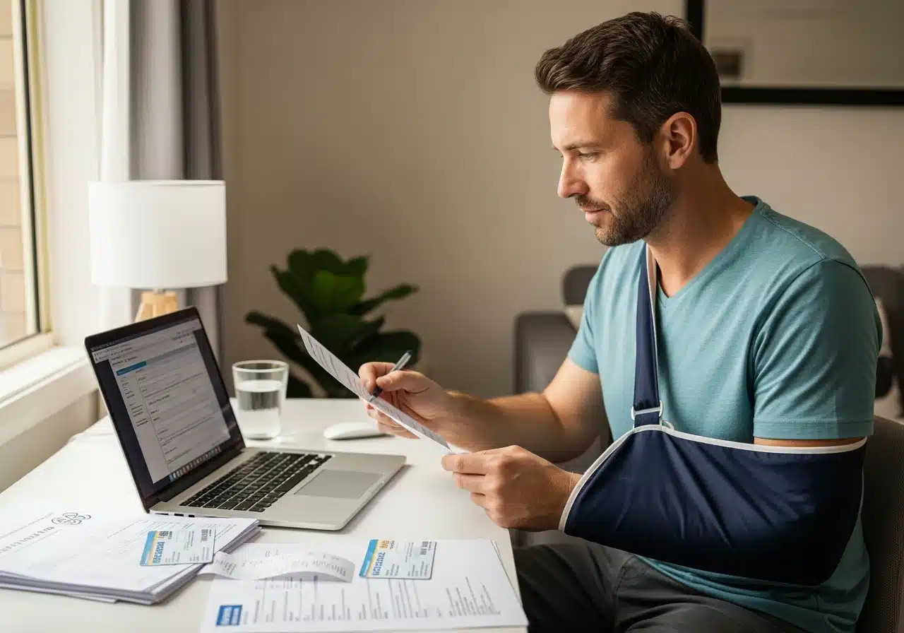 A man wearing an arm sling sitting at a desk at home, reviewing documents while working on a laptop.