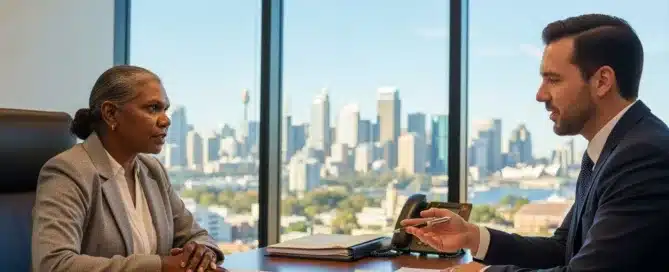 A woman and a man in professional attire having a serious discussion at a conference desk overlooking a city skyline.