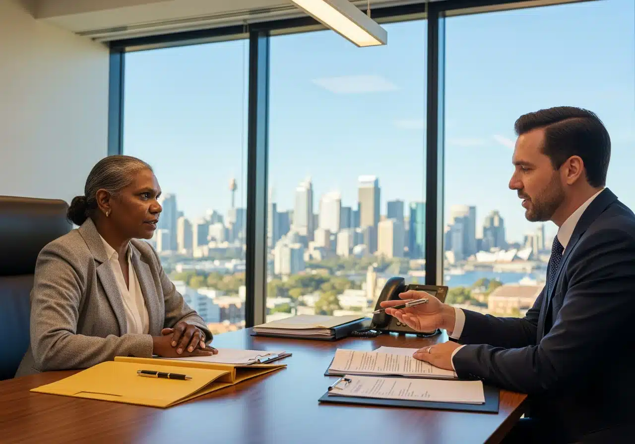 A woman and a man in professional attire having a serious discussion at a conference desk overlooking a city skyline.