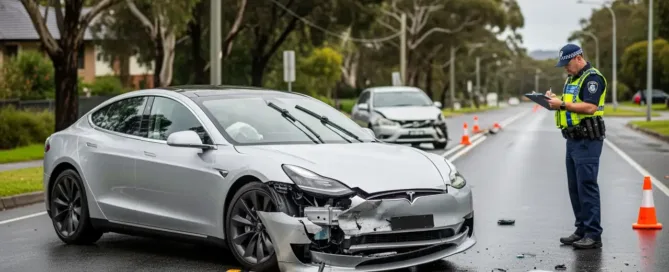 A police officer writing on a clipboard next to a silver car with significant front-end damage on a wet road.