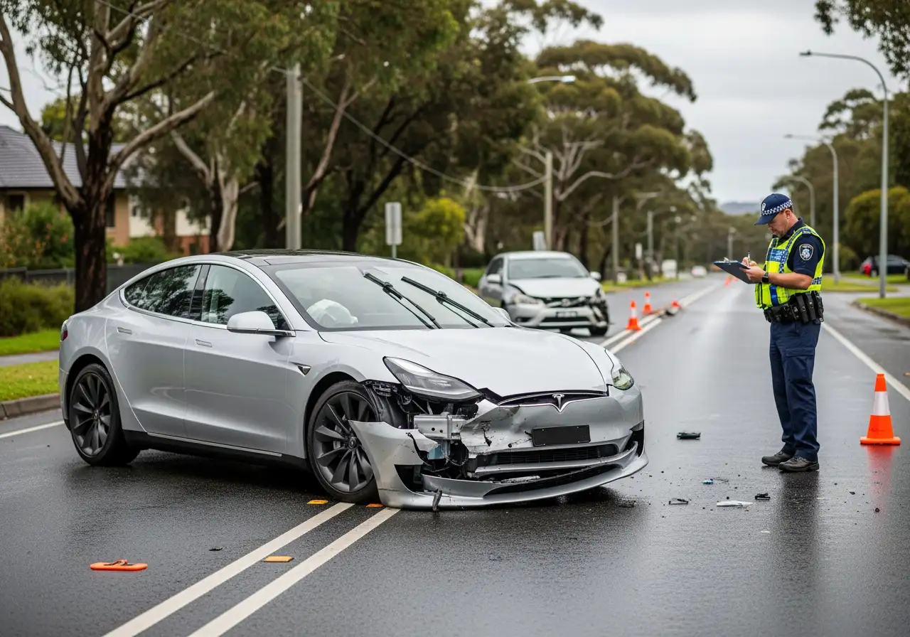 A police officer writing on a clipboard next to a silver car with significant front-end damage on a wet road.