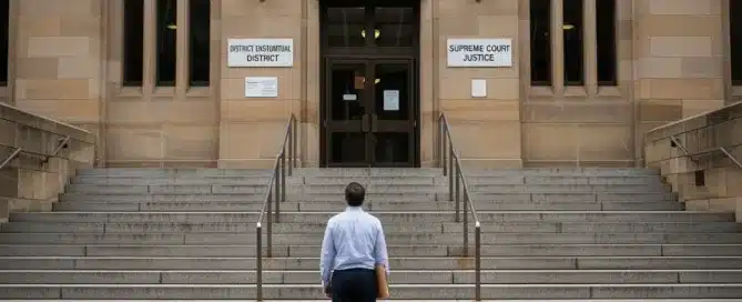 A man holding a folder stands at the bottom of a wide set of stairs looking up at a Supreme Court building.
