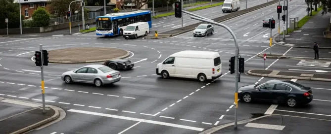 An elevated view of cars and a bus navigating a busy multi-lane intersection and roundabout on a wet day.