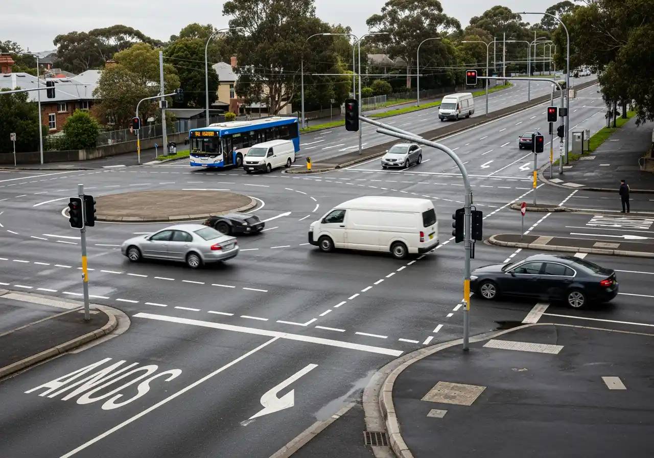 An elevated view of cars and a bus navigating a busy multi-lane intersection and roundabout on a wet day.