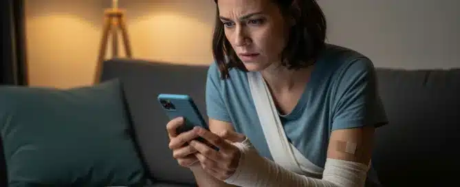 A concerned woman with her arm in a cast and sling sits on a couch at night, looking at her smartphone.