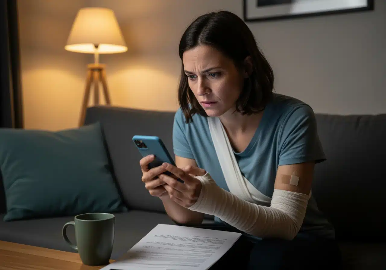 A concerned woman with her arm in a cast and sling sits on a couch at night, looking at her smartphone.