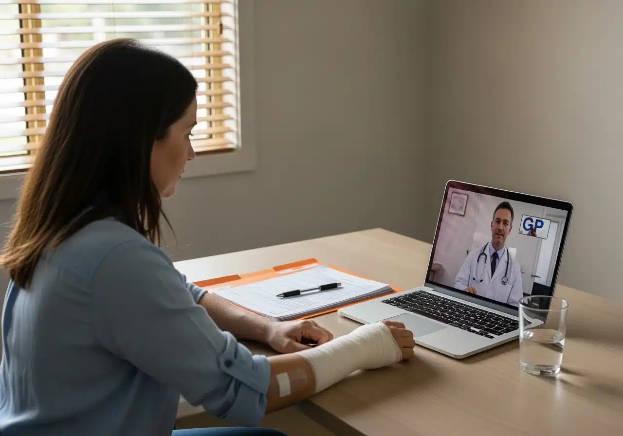 A woman with a bandaged arm sits at a desk having a telehealth video consultation with a male doctor on her laptop.