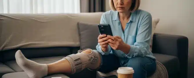 A woman wearing a large knee brace sits on a couch reviewing her smartphone, with medication boxes on the coffee table.