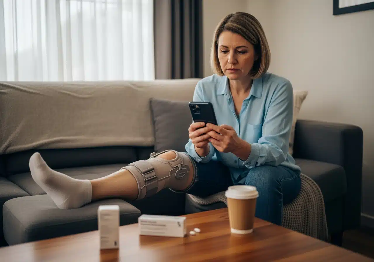 A woman wearing a large knee brace sits on a couch reviewing her smartphone, with medication boxes on the coffee table.