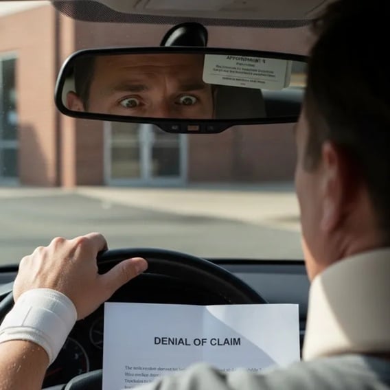 Denied insurance claim paperwork representing injury claim disputes