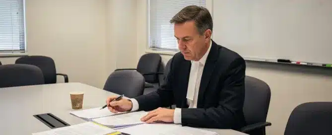 A male lawyer wearing a dark suit and court band reviewing and signing legal documents at a conference table.