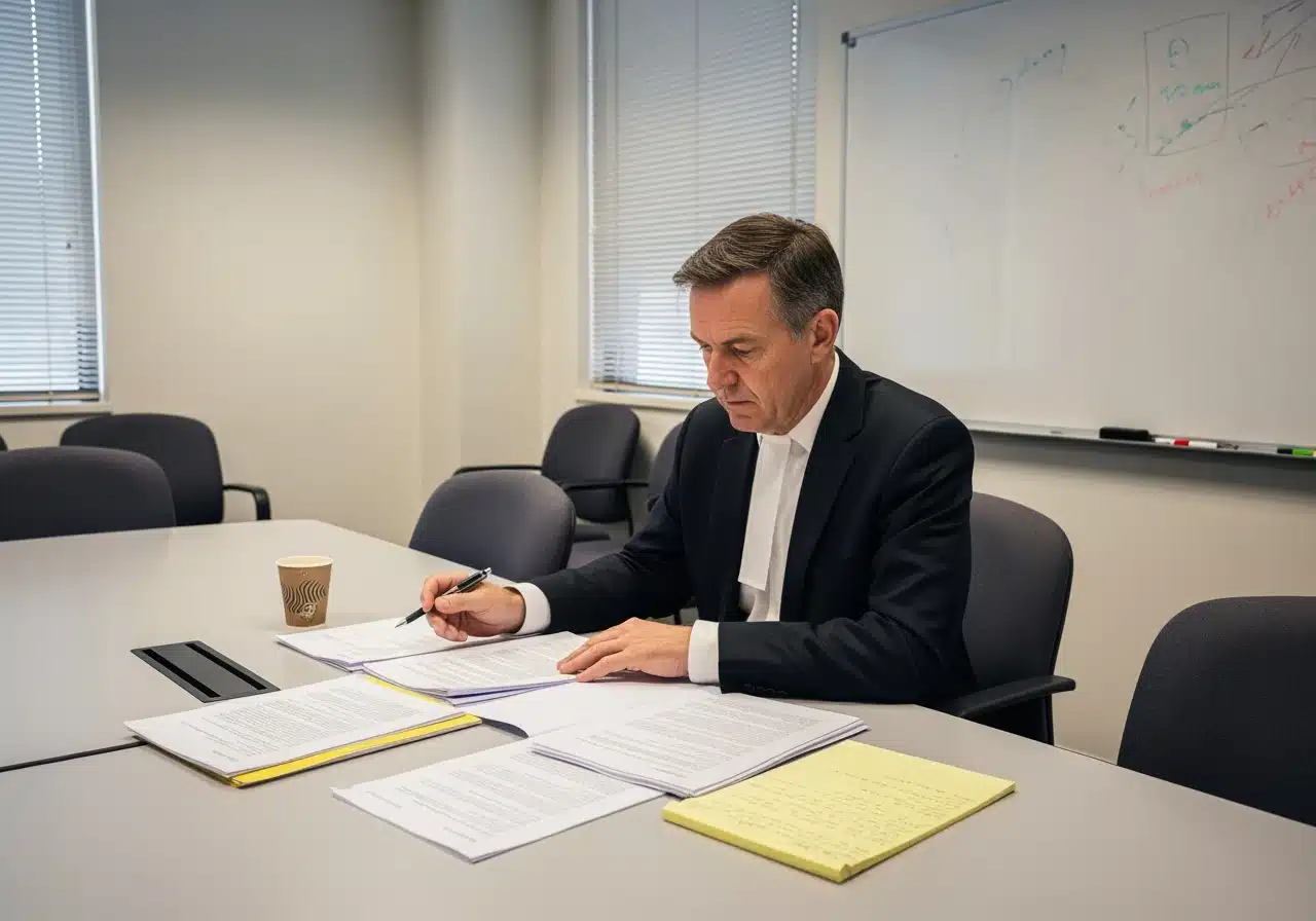 A male lawyer wearing a dark suit and court band reviewing and signing legal documents at a conference table.
