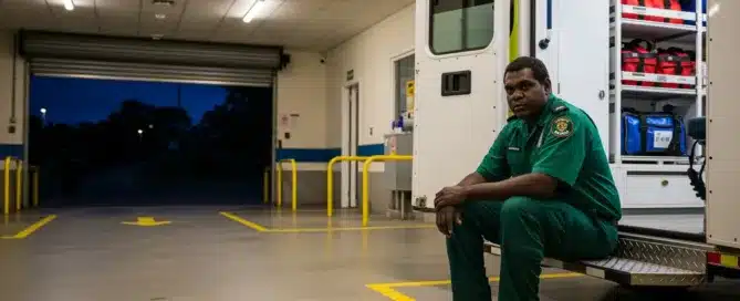 A 38 year old Australian male paramedic of Aboriginal appearance sits alone in the ambulance