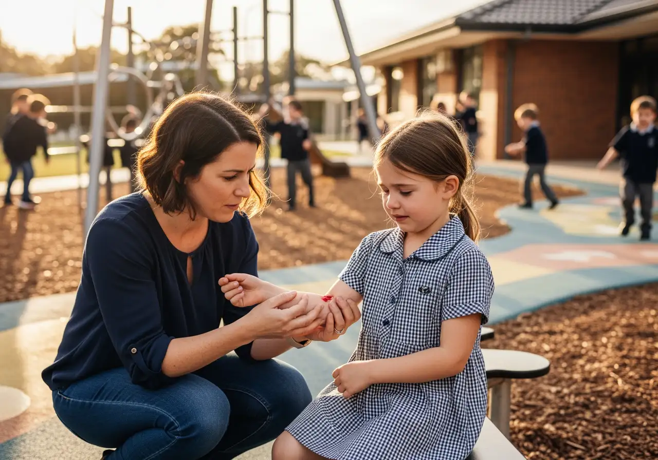 An Australian-woman crouches-beside her inured daugther in school