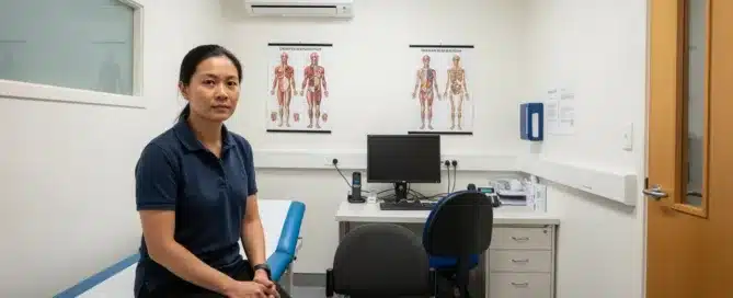 A 39 year old Australian woman of Vietnamese appearance sits on an examination table
