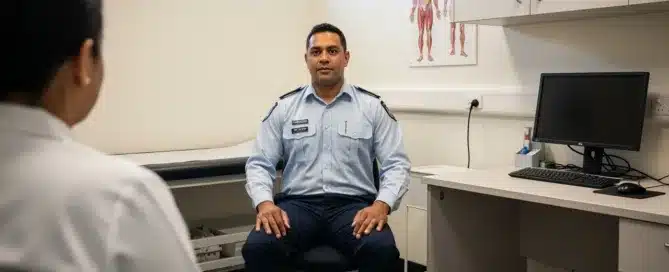 A 41 year old Australian male police officer of Pacific Islander appearance sits in a chair