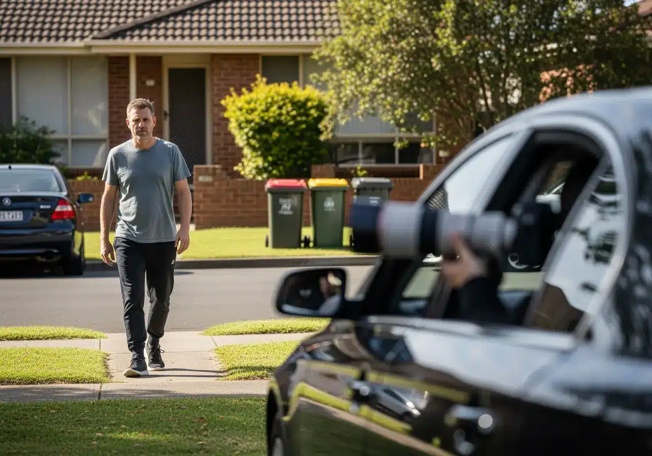 _A 41-year-old Australian man of Anglo-Celtic appearance walks slowly along the footpass